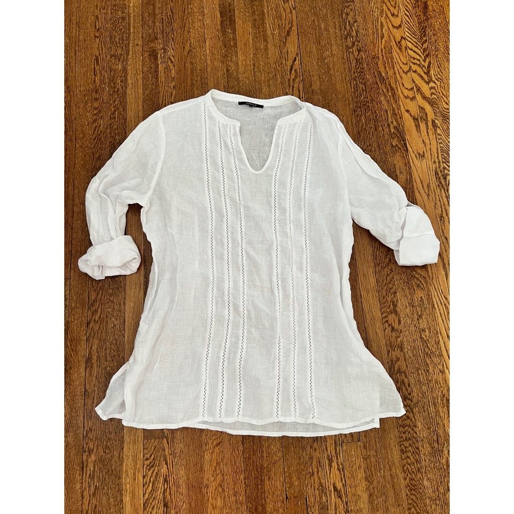 Azulu White 100% Linen Tunic Top Ladder Lace Split‎ Neck Roll Tab Sleeve Size 12